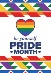 LGBT Pride Month in June. Lesbian Gay Bisexual Transgender. Celebrated annual. LGBT flag. Rainbow love concept. Human rights and tolerance. Poster, card, banner and background. Vector illustration