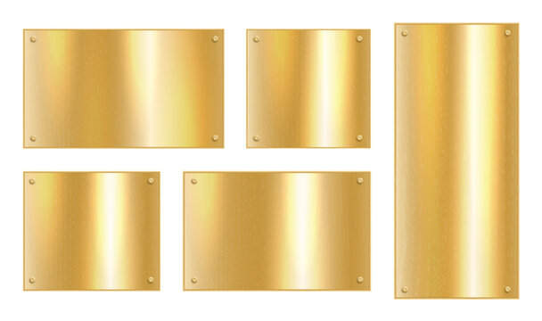 Gold shiny metal plates. Realistic golden squared frames. Vector yellow rectangular bronze banners