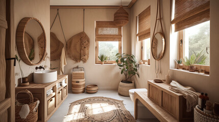 The nomadic boho-inspired bathroom features a rustic decor and a mockup frame on the wall. The walls are painted a cool shade of grey, while the wooden vanity and mirror frame create a sense of warmth