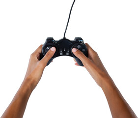 Hands playing video game against white background