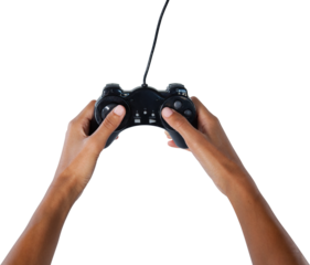 Hands playing video game against white background