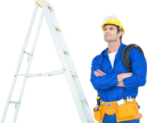 Thoughtful electrician with arms crossed by ladder