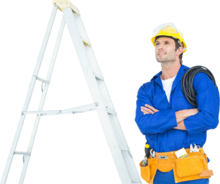 Thoughtful electrician with arms crossed by ladder - Powered by Adobe