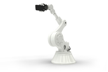 Graphic image of robot holding smart phone