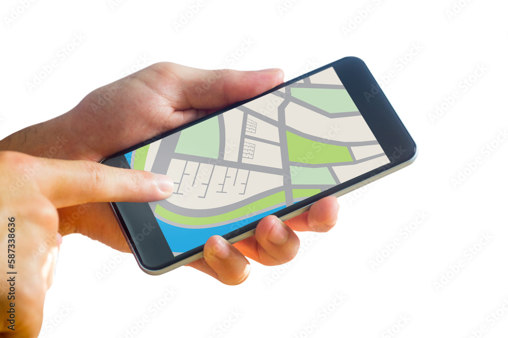 Poster man using map app on phone