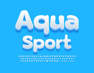 Vector playful banner Aqua Sport. Funny White Font. 3D set of cute Alphabet Letters, Numbers and Symbols