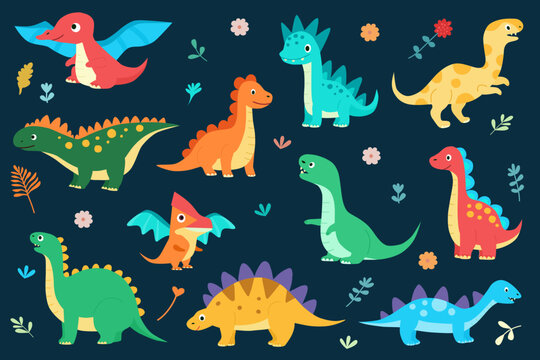 Collection of isolated cute dinosaurs. Vector flat cartoon illustration