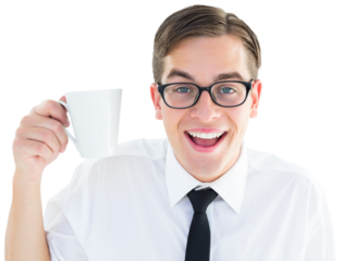 Geeky businessman holding a mug