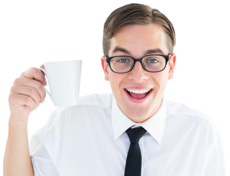Geeky businessman holding a mug