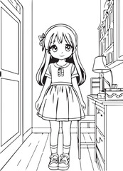 Girl in her room with cute interior. Anime girl smiling, vector coloring for children