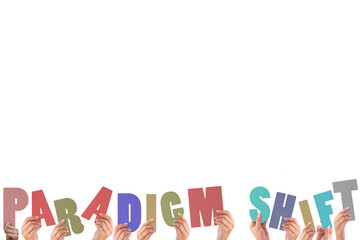 Cropped hands holding colorful words paradigm shift 