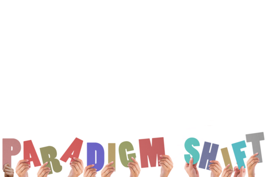 Cropped hands holding colorful words paradigm shift - Powered by Adobe