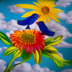 Painting of two blue birds at sky with flowers. Generative AI.