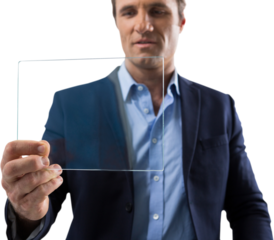 Adult businessman using glass digital tablet