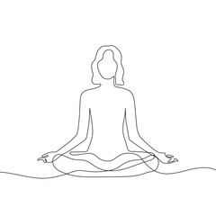 Woman sitting in lotus yoga pose. Continuous one line drawing on white background. Vector illustration
