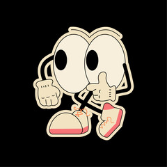 Retro character big eyes, points a finger. Vector retro character sticker on black background