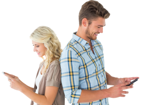 Attractive couple using their smartphones
