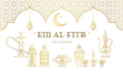 Vector illustration for Eid al-Fitr Mubarak greetings, Iftar party celebration. Gold card with lantern, arabic coffee mug, stars, arch. Muslim feast of the holy of Ramadan month.