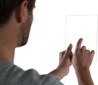 Man using glass digital tablet
