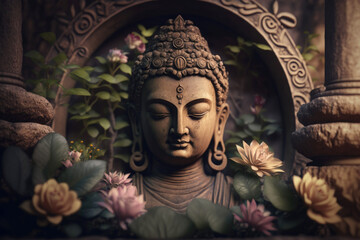Generative AI illustration of ancient stone sculpture of Buddha with plants and live flowers placed between pillars by entrance of oriental temple
