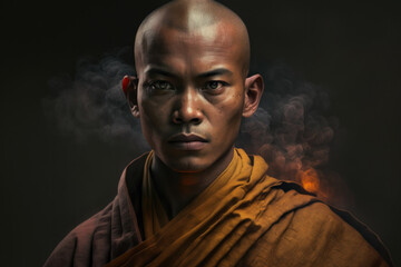 Generative AI illustrative portrait of serious young ethnic male priest in brown worship garment looking at camera while standing over smoky dark background
