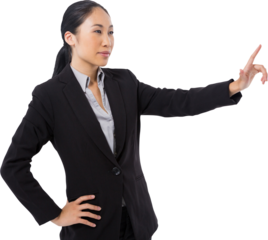 Businesswoman pressing an invisible virtual screen