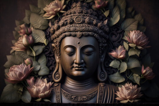 Generative AI illustration of ancient stone sculpture of Buddha with plants and live flowers