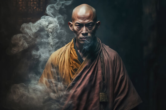 Generative AI image of ethnic male monk in brown religious robe with eyes closed meditating and praying while standing over black background with smoke