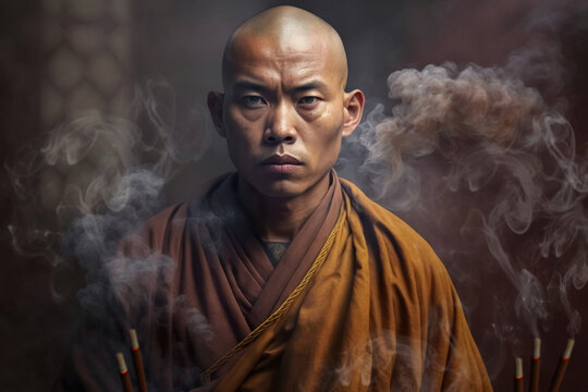 Generative AI image of ethnic male monk in brown religious robe with eyes closed meditating and praying while standing over black background with smoke
