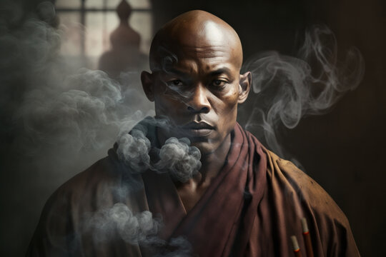 Generative AI illustrative portrait of serious black Buddhist man in spiritual robe looking at camera while worshiping in smoky temple with dark background