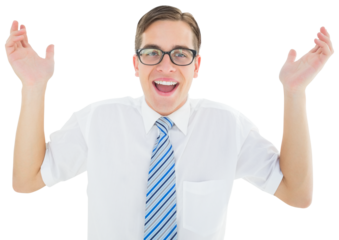 Geeky happy businessman with arms up
