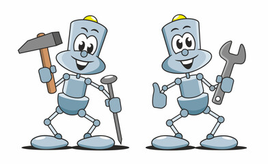 Cartoon, kleine Roboter mit Werkzeug, Hammer, Nagel und Schraubenschlüssel