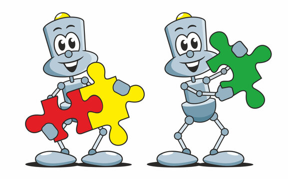 niedliche Comic Roboter mit Puzzlest&uuml;cken, die Teile passen zueinander