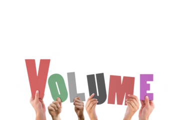 Colorful alphabet spelling volume held up by people 