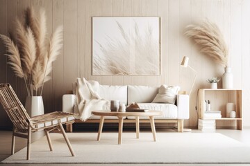 Modern living room's empty wooden wall. Scandi boho interior mockup. Free copy space for your image, text, or design. Chairs, table, pampas grass. Generative AI