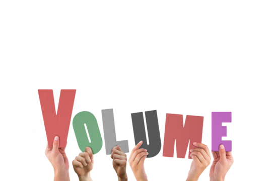 Colorful alphabet spelling volume held up by people 