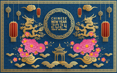 Happy chinese new year 2024 year of the chinese dragon zodiac with on color Background. ( Translation : happy new year, chinese dragon )