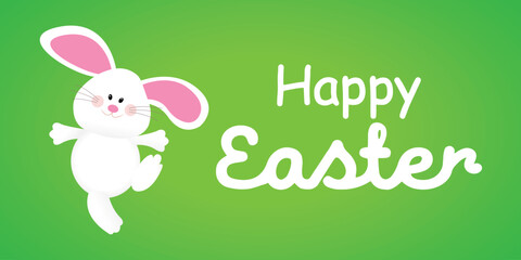 Easter banner with the character of a happy Easter bunny on a beautiful green background in a greeting card design. Vector illustration