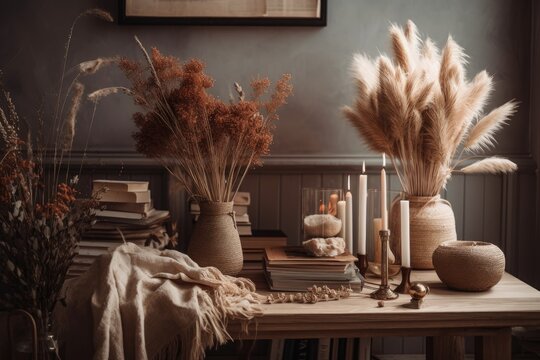 Lightroom with tables, flowers, and pampas grass. Generative AI