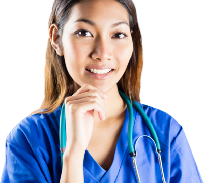 Asian nurse thinking with hand on chin - Powered by Adobe