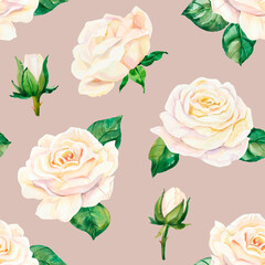 Watercolor white wedding peonies and roses flowers seamless pattern. Hand painted realistic botanical illustration for wallpaper, wrapping paper and surface design