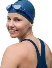 Portrait of young woman wearing blue swimming cap