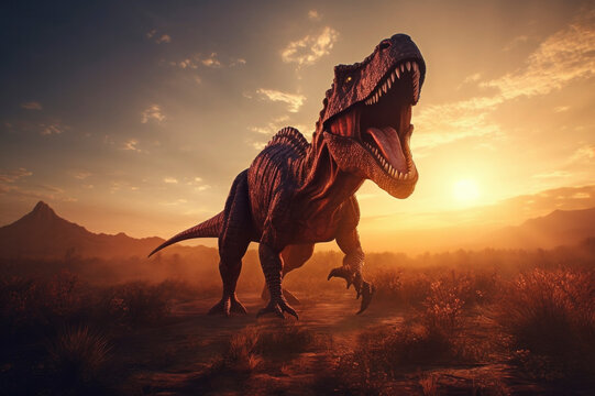 A dinosaur stands in a desert at sunset. AI generated.