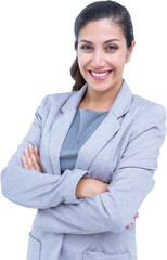 Smiling businesswoman standing arms crossed on white background