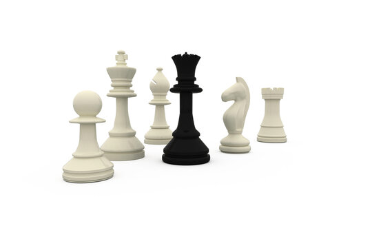 Black queen standing with white pieces