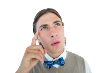 Geeky hipster thinking with hand on temple