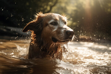 A dog in a river with water splashing around it. Ai generated.