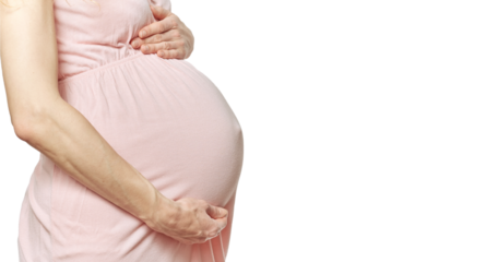  Pregnant woman's belly faceless  on a transparent background. Swollen veins on hands. Concept pregnancy problems. side view and copy space.