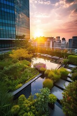 Fototapeta premium Generative AI illustration of Gorgeous garden on the rooftop of a contemporary glass office building in Asia