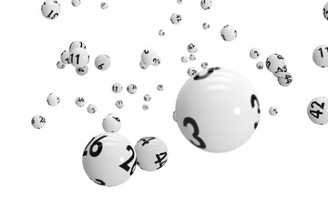 3D image of white bingo balls - obrazy, fototapety, plakaty